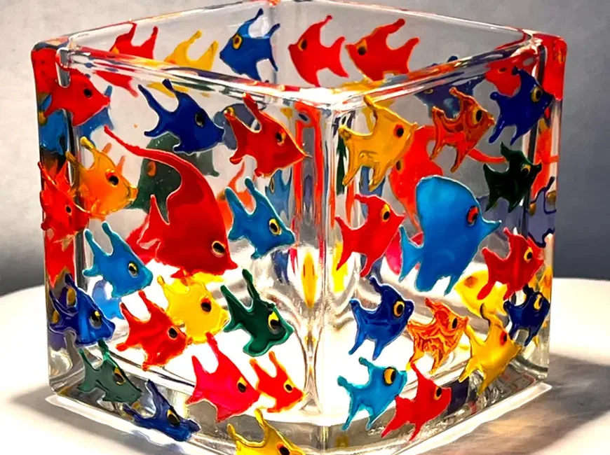 Hand-painted school of fish glass candle holder