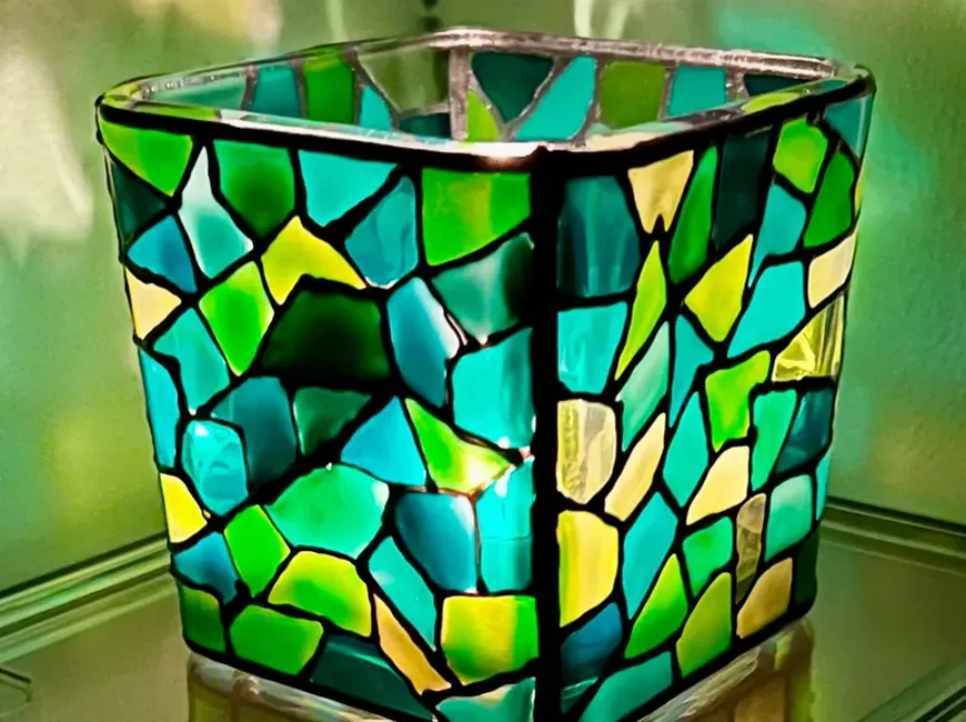 Hand-painted green mosaic glass candle holder