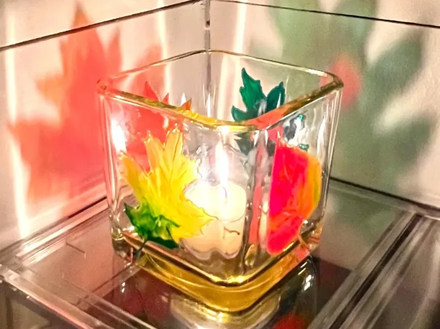 Hand-painted fall leaves glass candle holder