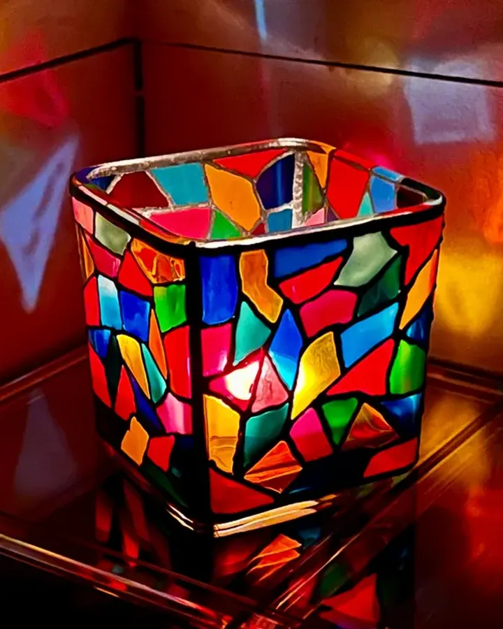 Hand-painted mosaic glass candle holder in stained-glass style